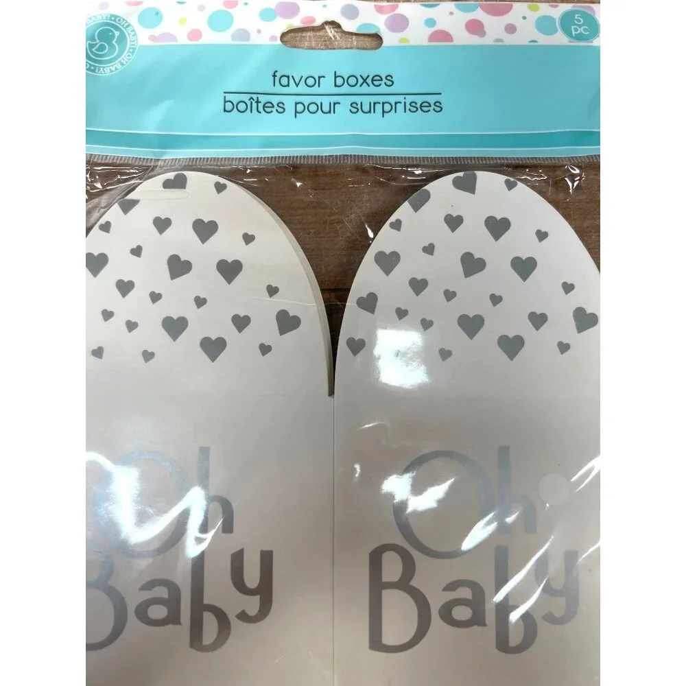 Oh Baby White & Silver Favor Boxes 5 Pc Cardstock For Baby Showers Or Gender Rev